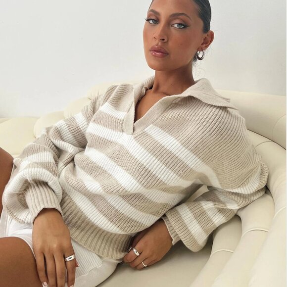 Princess Polly Williamson Stripe Sweater Beige - Picture 1 of 5